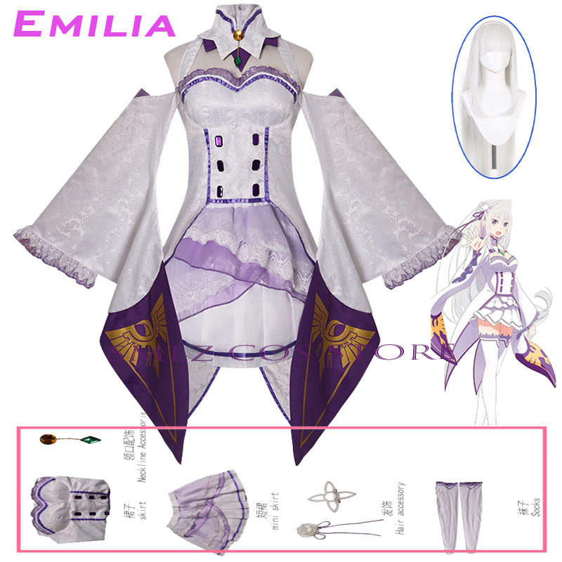 Anime Cosplay Dress - エミリアコスプレアニメ再ゼロカラハジメル異世界生活衣装白制服ドレスウィッグセットハロウィンパーティー衣装女性用