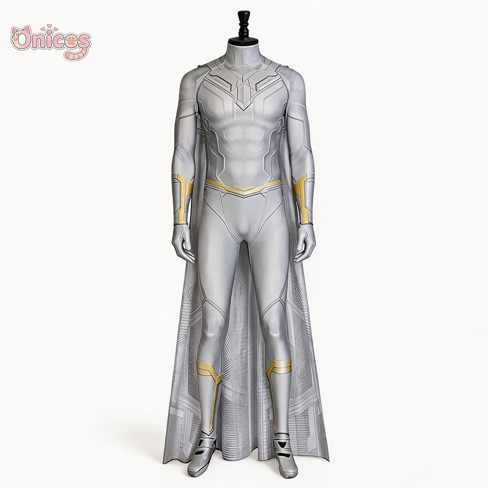 Anime Cosplay Bodysuit - Wandavision ビジョンコスプレ衣装白男性ビジョンジャンプスーツマントスーパーヒーローボディスーツケープフルセットハロウィンカーニバル Onicos