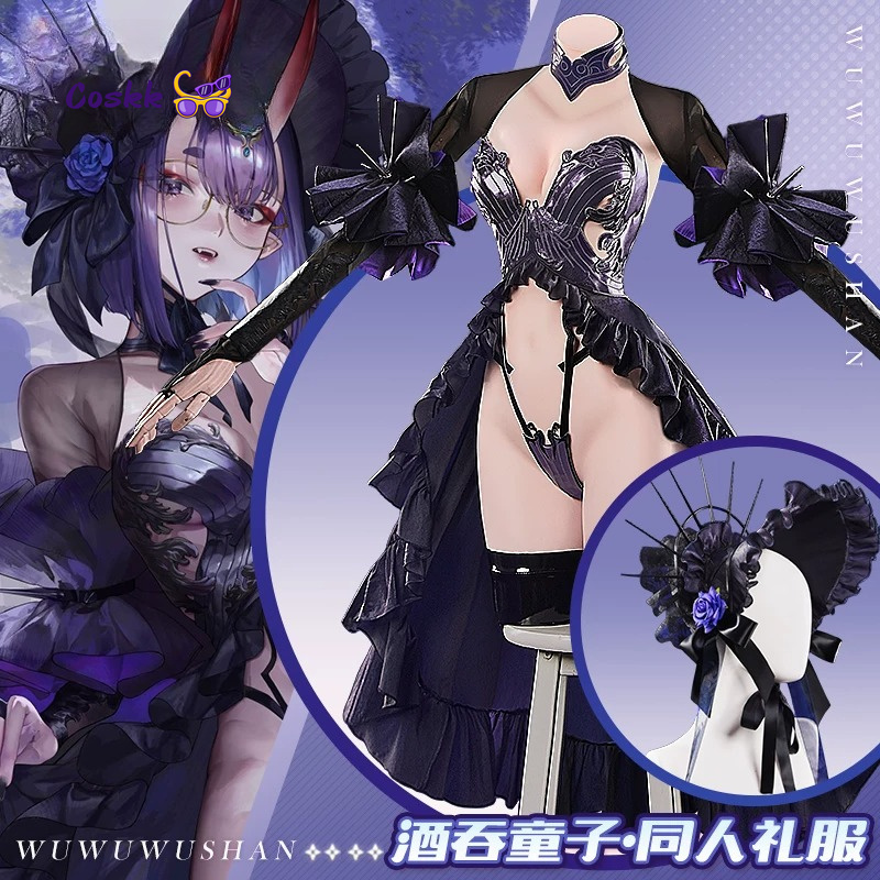 Anime Cosplay Dress - 新しい酒呑童子コスプレゲーム運命/グランドオーダーコスチュームハロウィンクリスマスロールプレイング女性セクシーな黒いドレス帽子小道具