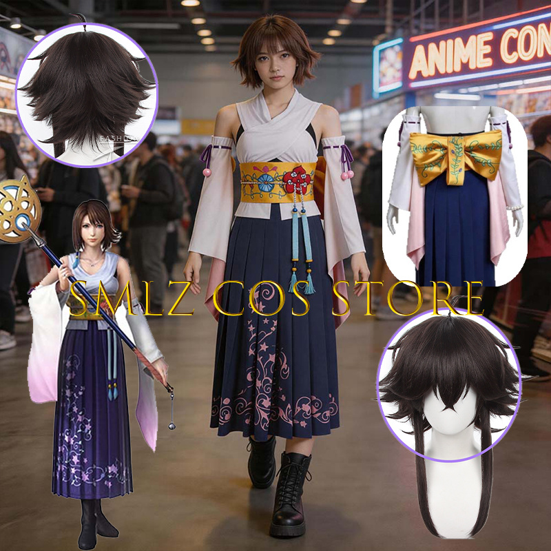 Anime Cosplay Dress - Smlz FFX ユナコスプレアニメ FF10 X 衣装女性あなたナ着物ドレス小道具ウィッグセットハロウィンパーティー演劇衣装