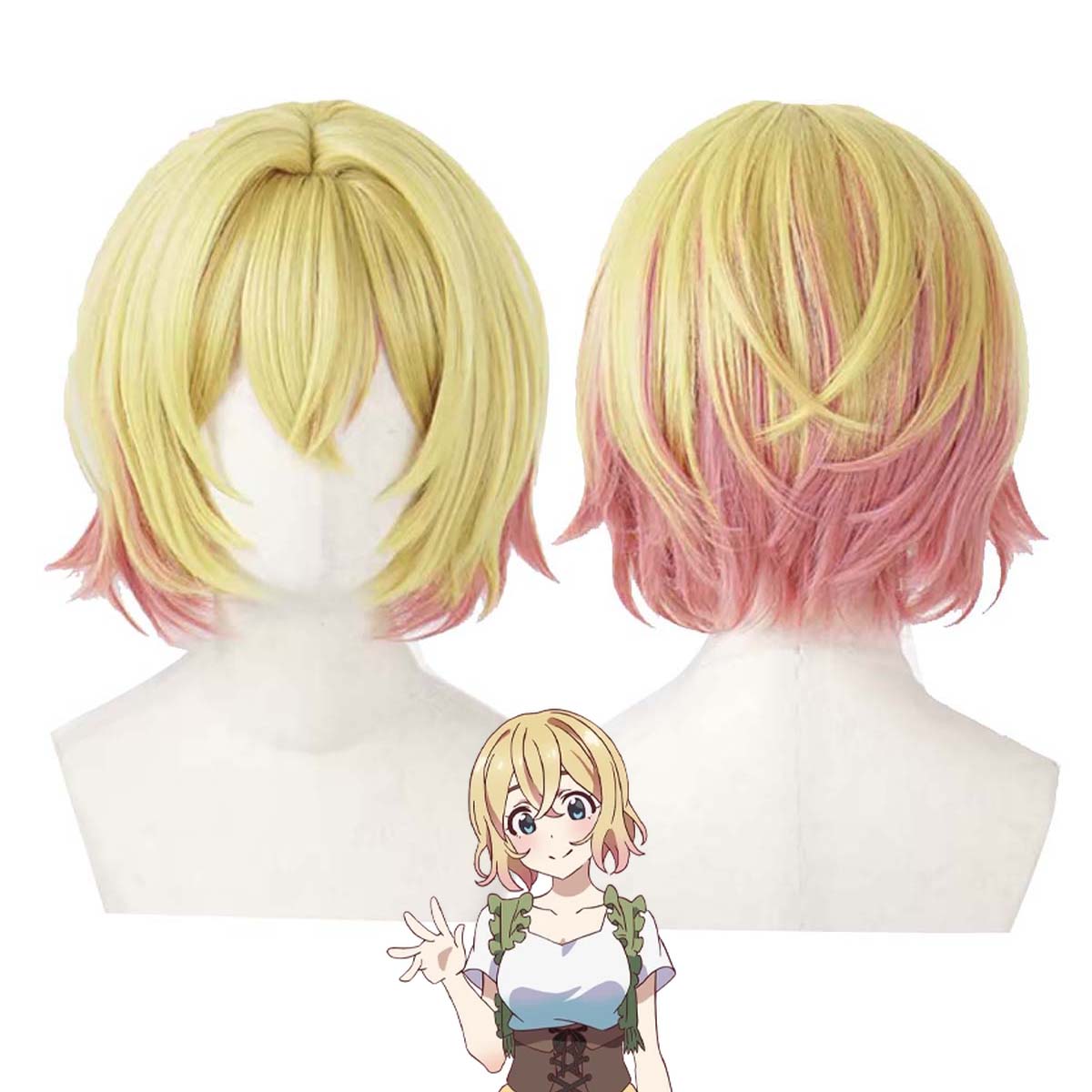Anime Cosplay Girlfriend - 女性アニメ「彼女、お借りします」麻美ナナミショートイエローグラデーションピンクコスプレウィッグ